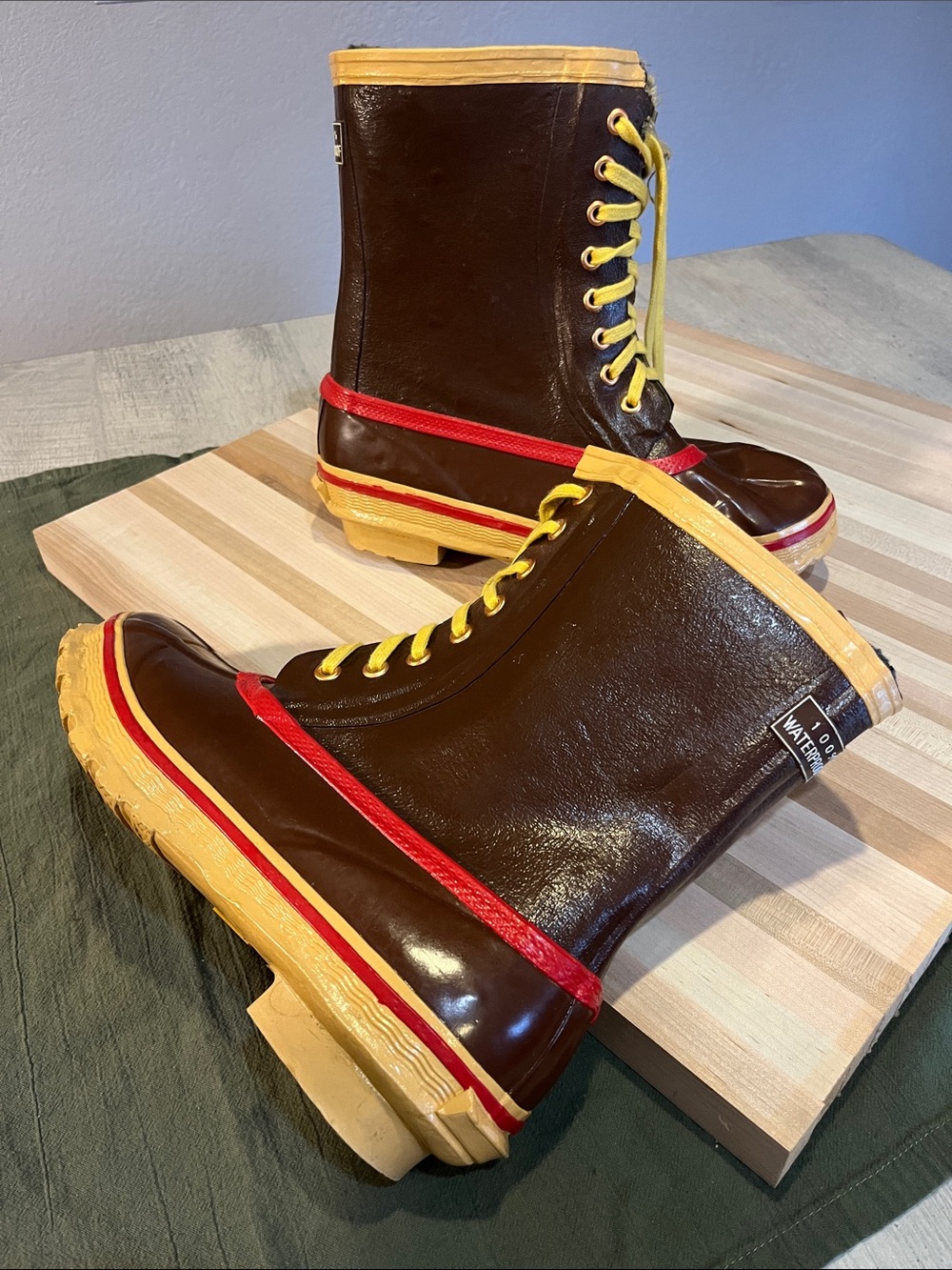 Steel Shank Waterproof Brown Leather Lace-Up Winter Boots with Yellow Trim